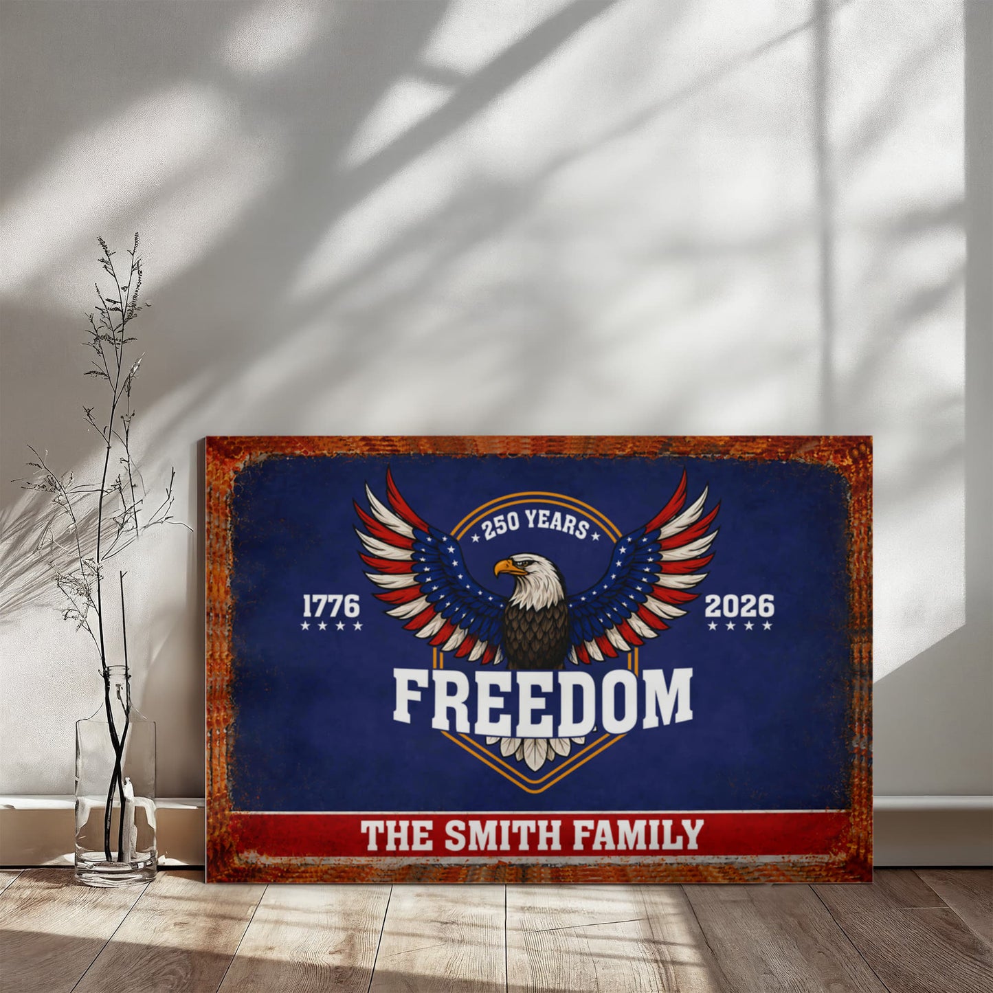 Personalized Freedom Eagle Gallery Wrapped Canvas – Custom Family Name 250 Years of Freedom Patriotic Wall Art