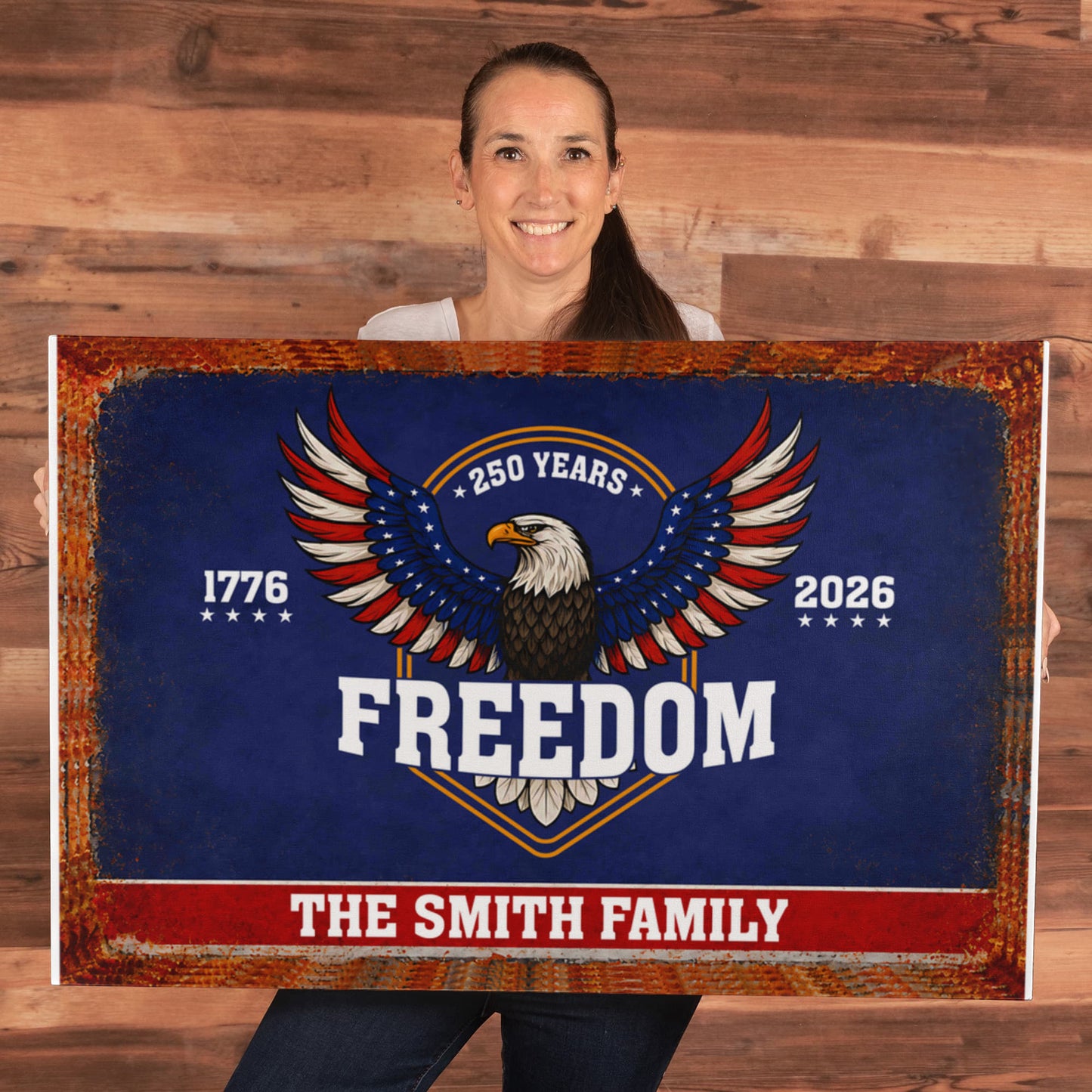 Personalized Freedom Eagle Gallery Wrapped Canvas – Custom Family Name 250 Years of Freedom Patriotic Wall Art