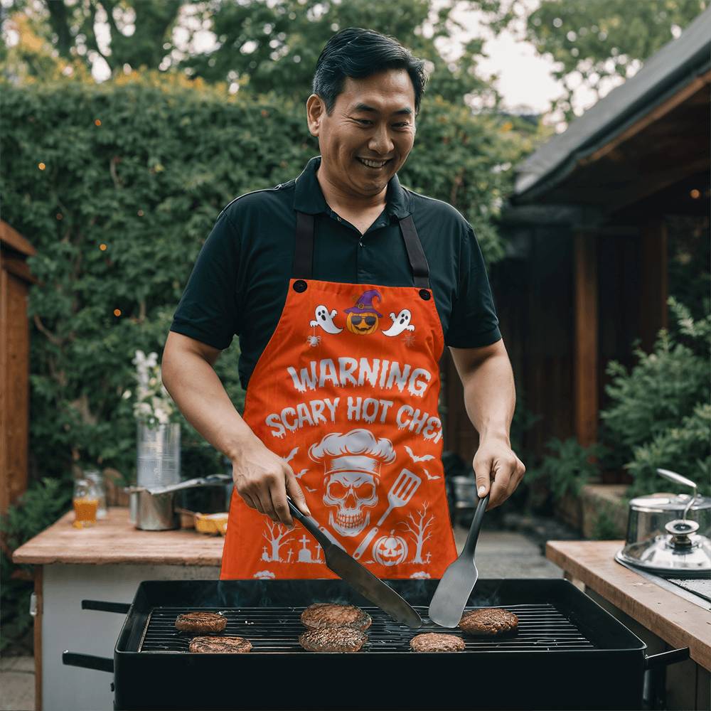 Custom Halloween Apron for Dad, Personalized Skeleton BBQ Apron, Funny Cooking Apron with “Scary Hot Chef” Design for Men