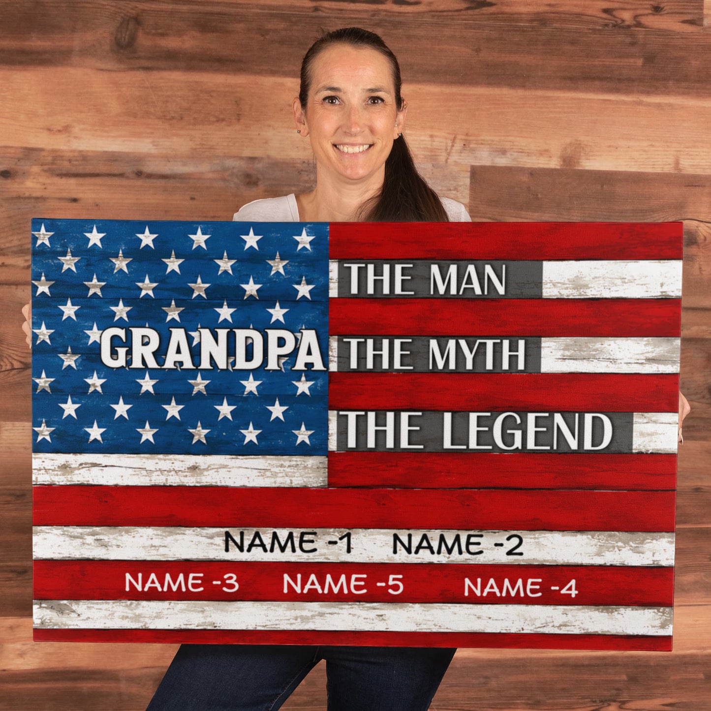 Personalized Grandpa The Man The Myth The Legend Canvas – Custom Grandkids Names Patriotic American Flag Wall Art