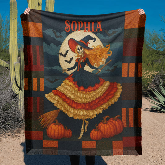 Custom Witch Silhouette Blanket – Personalized Halloween Throw with Name & Moon !