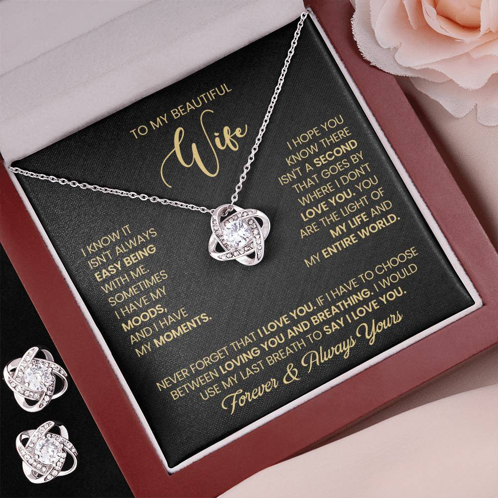 To My Beautiful Wife – Love Knot Necklace & Earring Set with Luxury Box & LED, Romantic Gift for Wife, Anniversary or Valentine’s Day Jewelry Set, Forever Jewelry