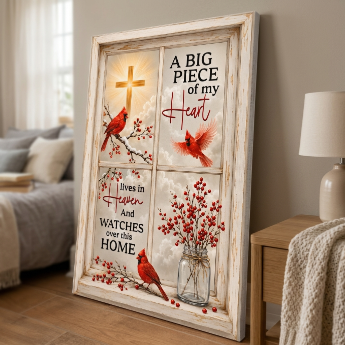 A Big Piece of My Heart Lives in Heaven Canvas – Cardinal Memorial Wall Art Sympathy Gift