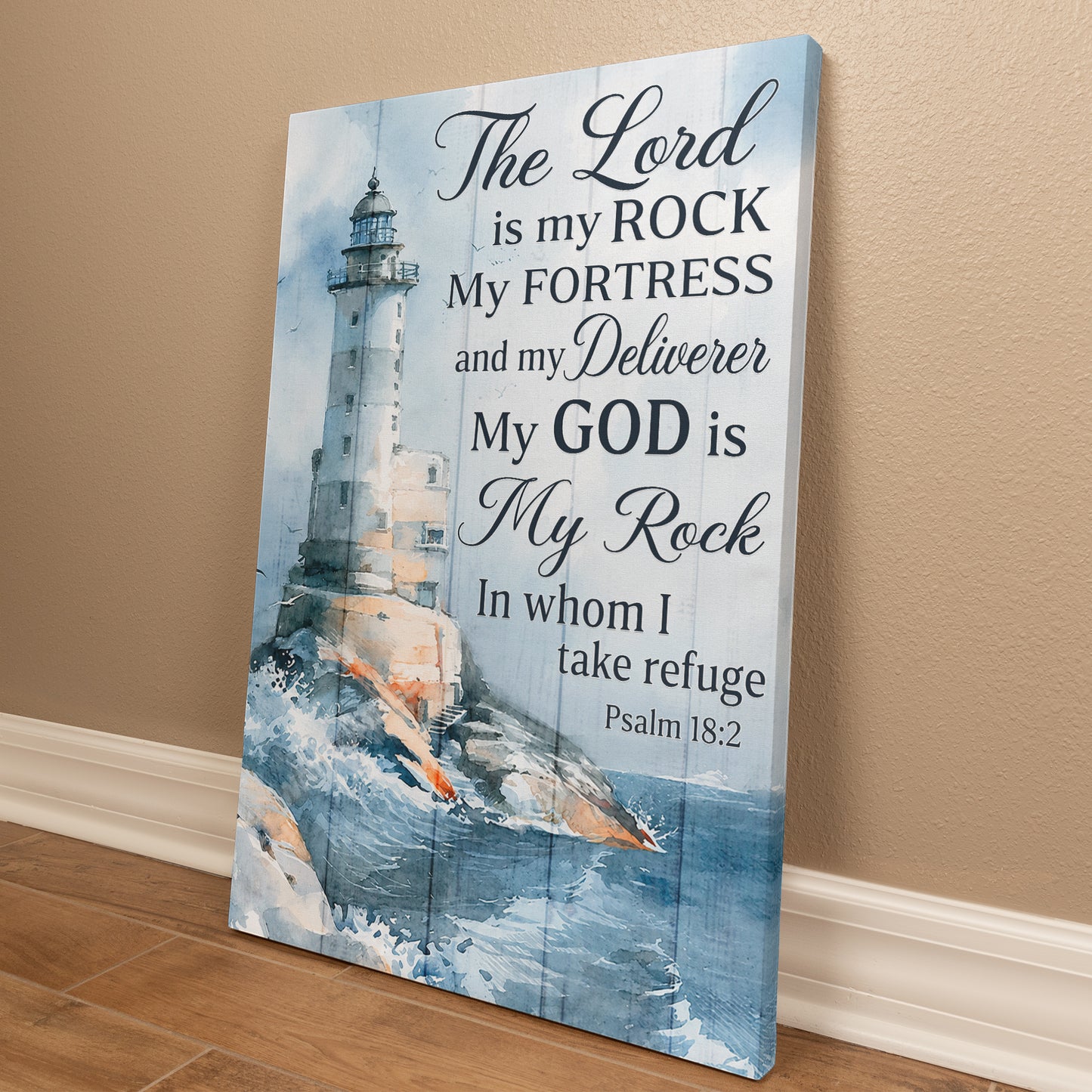The Lord Is My Rock Lighthouse Canvas Wall Art – Psalm 18:2 Christian Bible Verse Decor