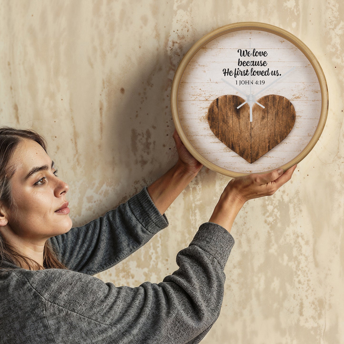 1 John 4:19 Christian Wall Clock – We Love Because He First Loved Us | Rustic Heart Bible Verse Wall Clock | Inspirational Christian Home Decor