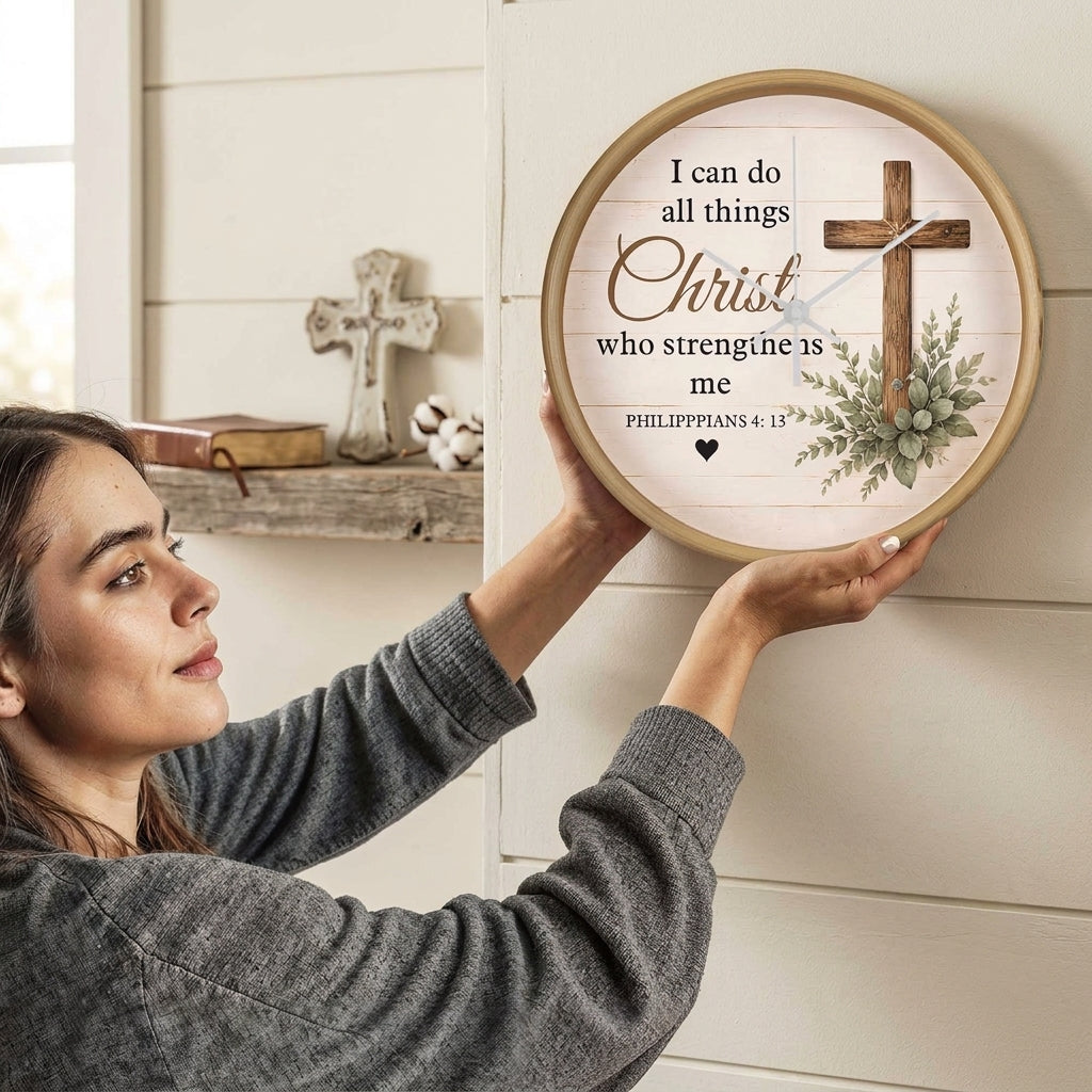 Philippians 4:13 Christian Wall Clock – I Can Do All Things Through Christ Rustic Cross Faith Decor