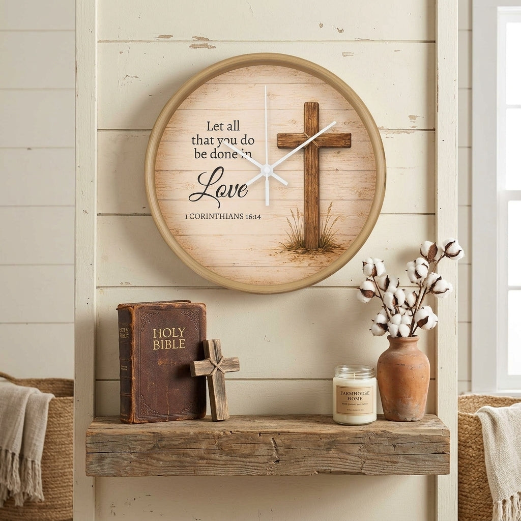 1 Corinthians 16:14 Christian Wall Clock – Let All That You Do Be Done in Love | Rustic Cross Bible Verse Wall Clock | Faith Home Decor
