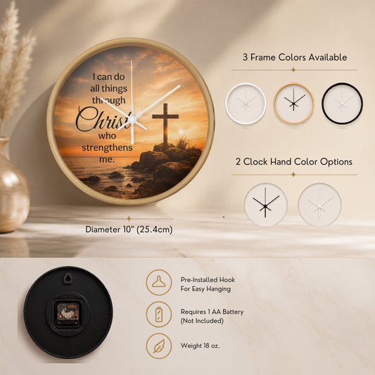 Philippians 4:13 Christian Wall Clock – I Can Do All Things Through Christ | Cross Sunset Bible Verse Wall Clock | Inspirational Faith Home Decor