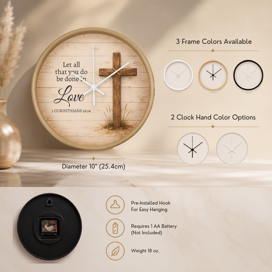 1 Corinthians 16:14 Christian Wall Clock – Let All That You Do Be Done in Love | Rustic Cross Bible Verse Wall Clock | Faith Home Decor