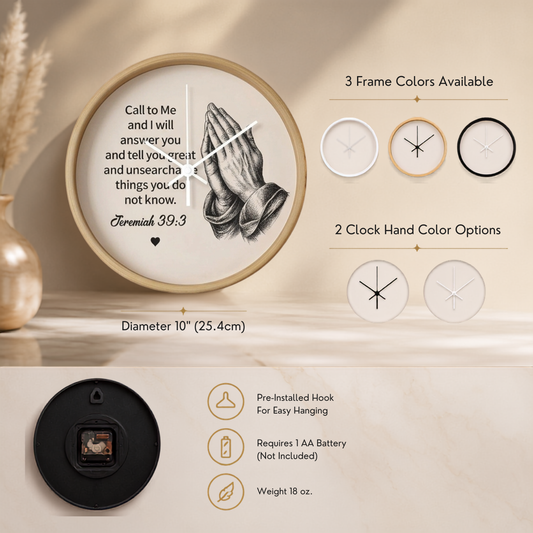 Jeremiah 33:3 Christian Wall Clock – Call to Me and I Will Answer You | Prayer Hands Bible Verse Wall Clock | Inspirational Christian Home Decor