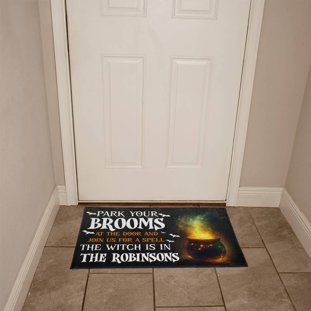 Personalized Halloween Doormat, Custom Witch Welcome Mat with Family Name, Park Your Brooms Funny Front Porch Decor