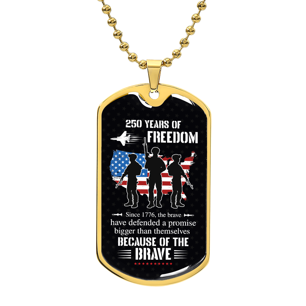 250 Years of Freedom Dog Tag Necklace – Because of the Brave | Patriotic Military Gift Necklace