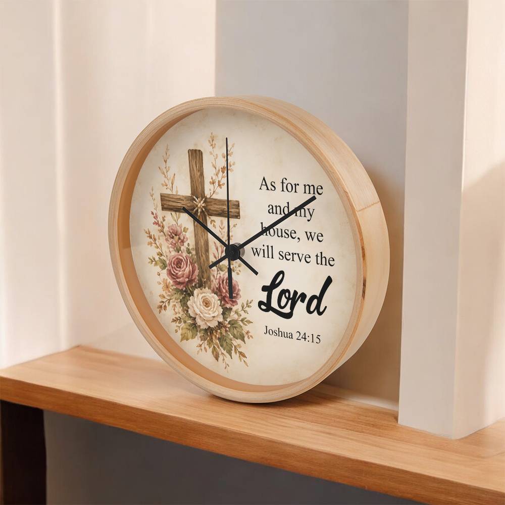 Joshua 24:15 Christian Wall Clock – As for Me and My House We Will Serve the Lord | Rustic Cross Bible Verse Wall Clock | Faith Home Decor