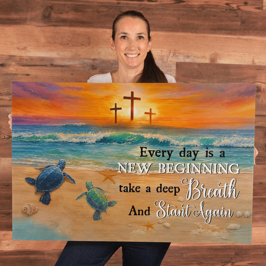 Every Day Is a New Beginning Christian Canvas Wall Art | Take a Deep Breath and Start Again | Beach Sunset Crosses Sea Turtle Coastal Decor