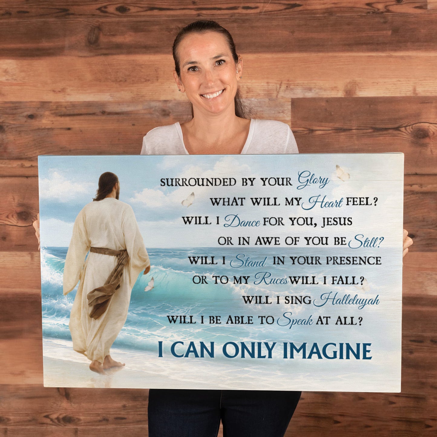 I Can Only Imagine Christian Canvas Wall Art | Jesus Walking by the Ocean | Surrounded By Your Glory Religious Wall Decor