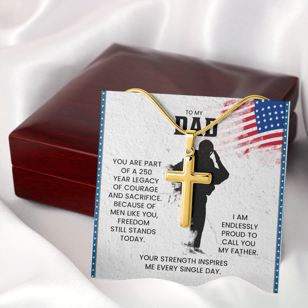 To My Dad Cross Necklace – Patriotic Father Gift | Proud Legacy Courage & Sacrifice Jewelry