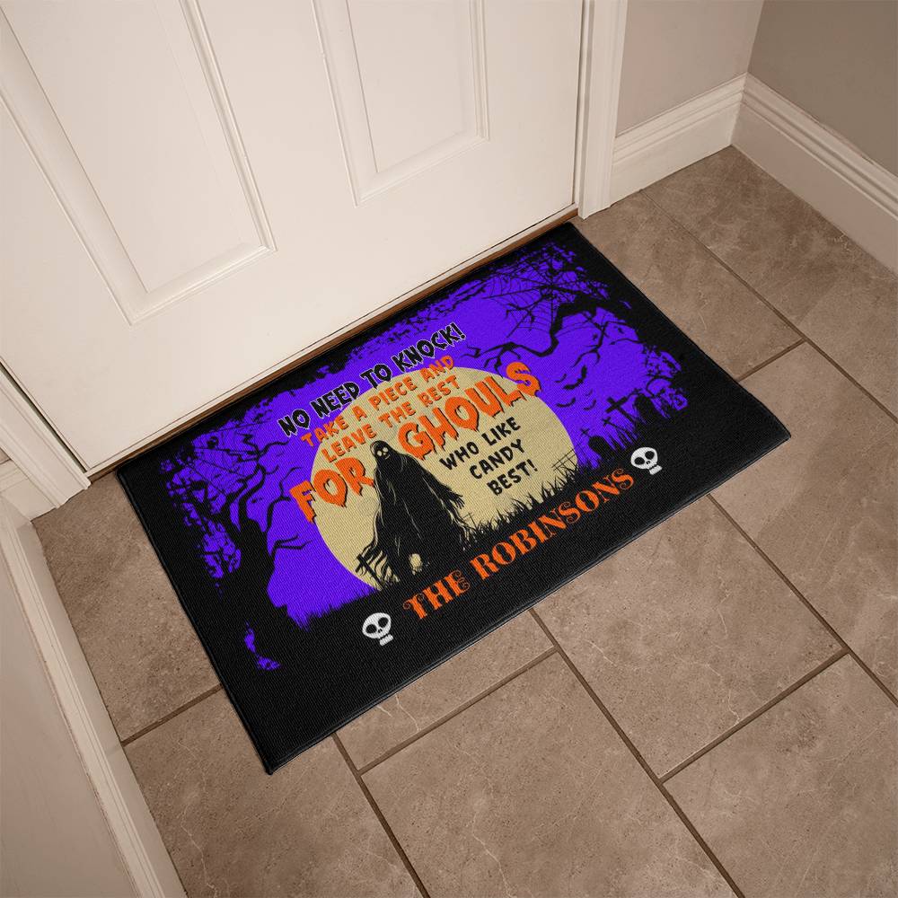 Personalized Halloween Doormat, Custom Trick-or-Treat Welcome Mat with Family Name, Funny Candy Door Mat for Halloween Porch Decor