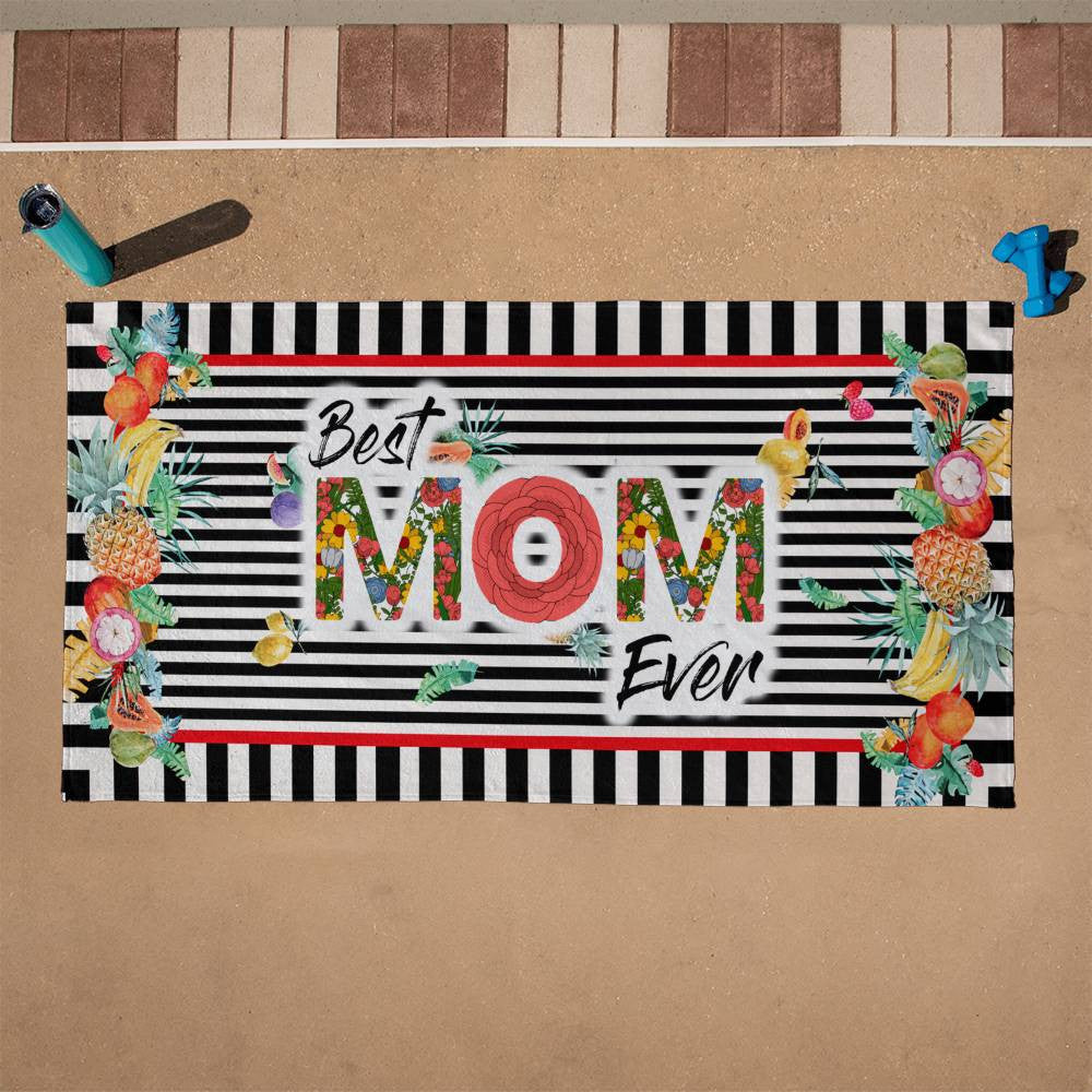 Beach Towel-Best Mom Ever Stripes and Fruit - YERTIZZ.COM