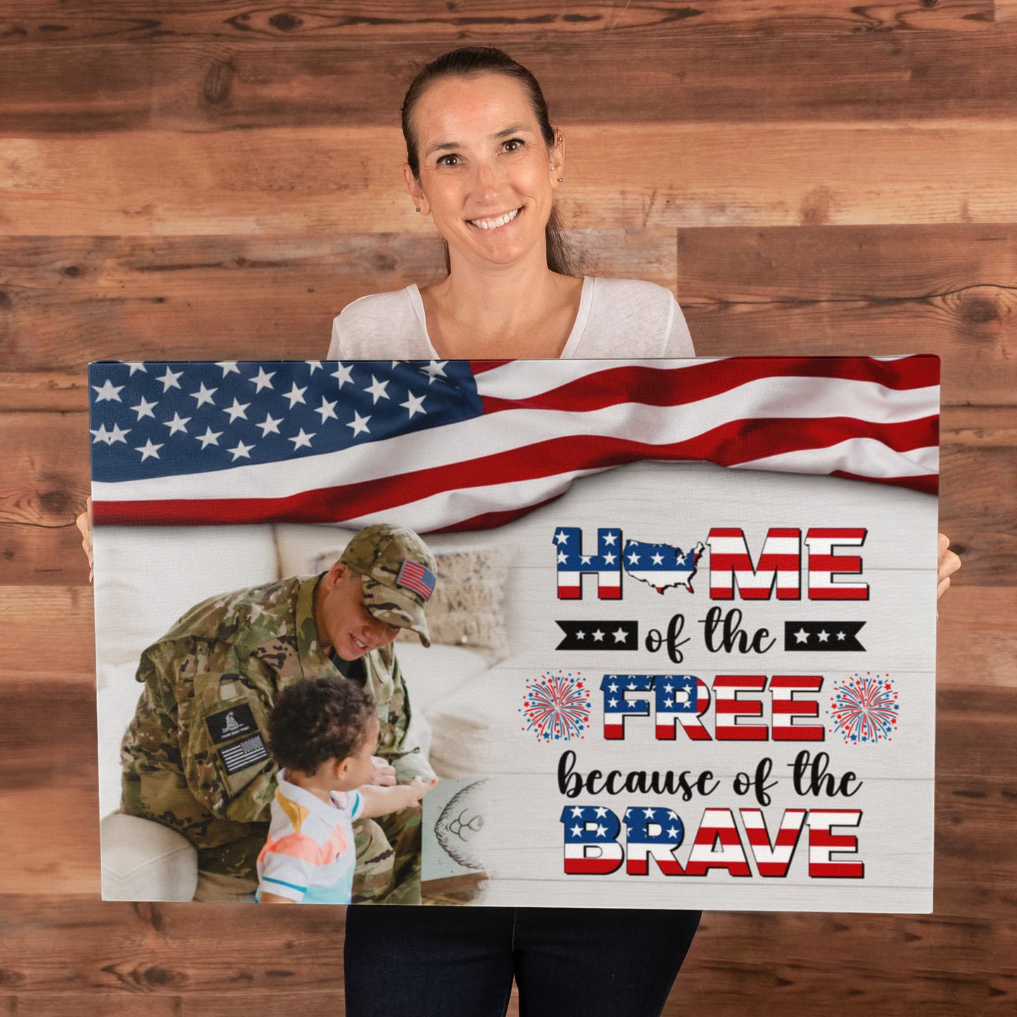Personalized Patriotic Family Gallery Wrapped Canvas – Custom Home of the Brave Independence Day Wall Art