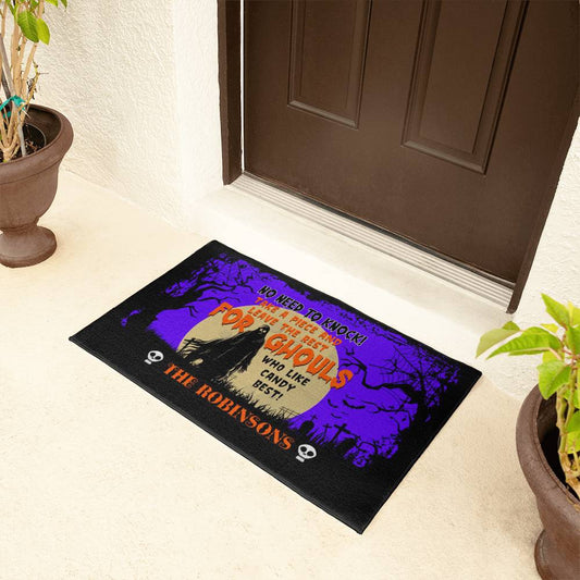 halloween porch mat with name funny candy quote