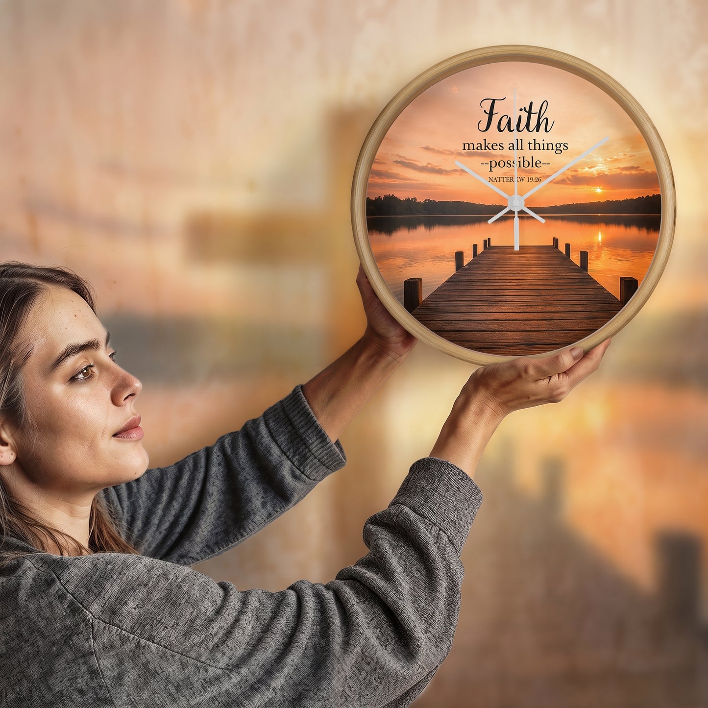 Faith Makes All Things Possible Wall Clock – Matthew 19:26 Christian Wall Clock | Inspirational Lake Sunset Faith Home Decor