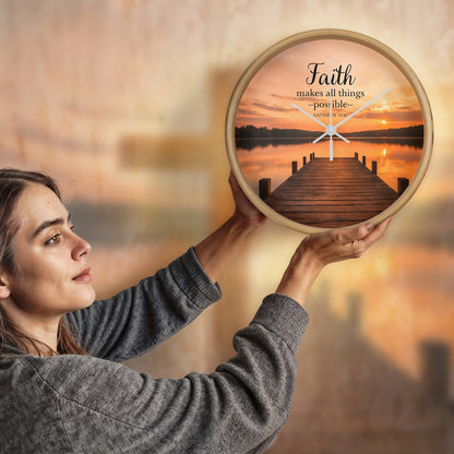 Faith Makes All Things Possible Wall Clock – Matthew 19:26 Christian Wall Clock | Inspirational Lake Sunset Faith Home Decor