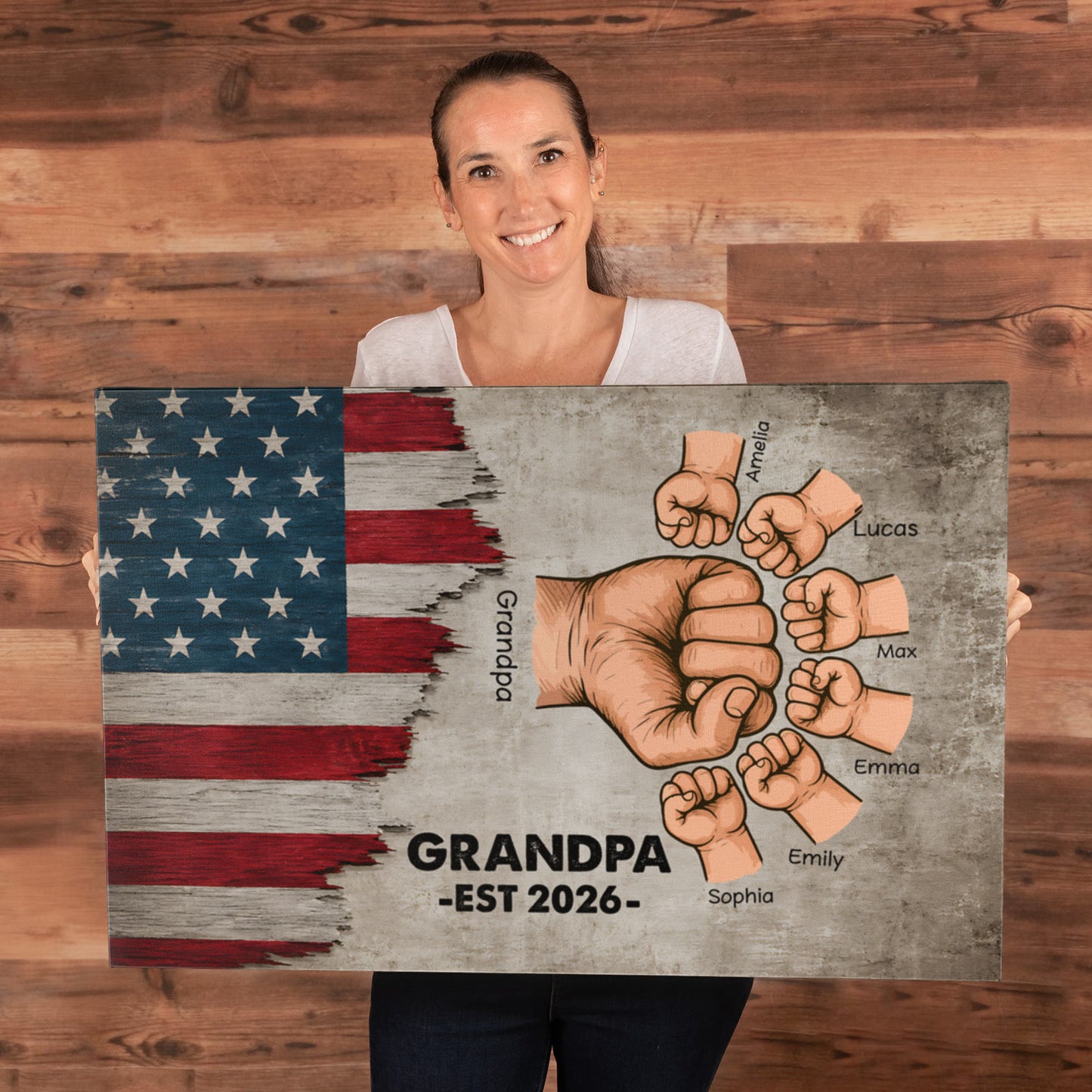 Personalized Grandpa Fist Bump Canvas – Custom Grandkids Names Patriotic Family Wall Art for Grandpa