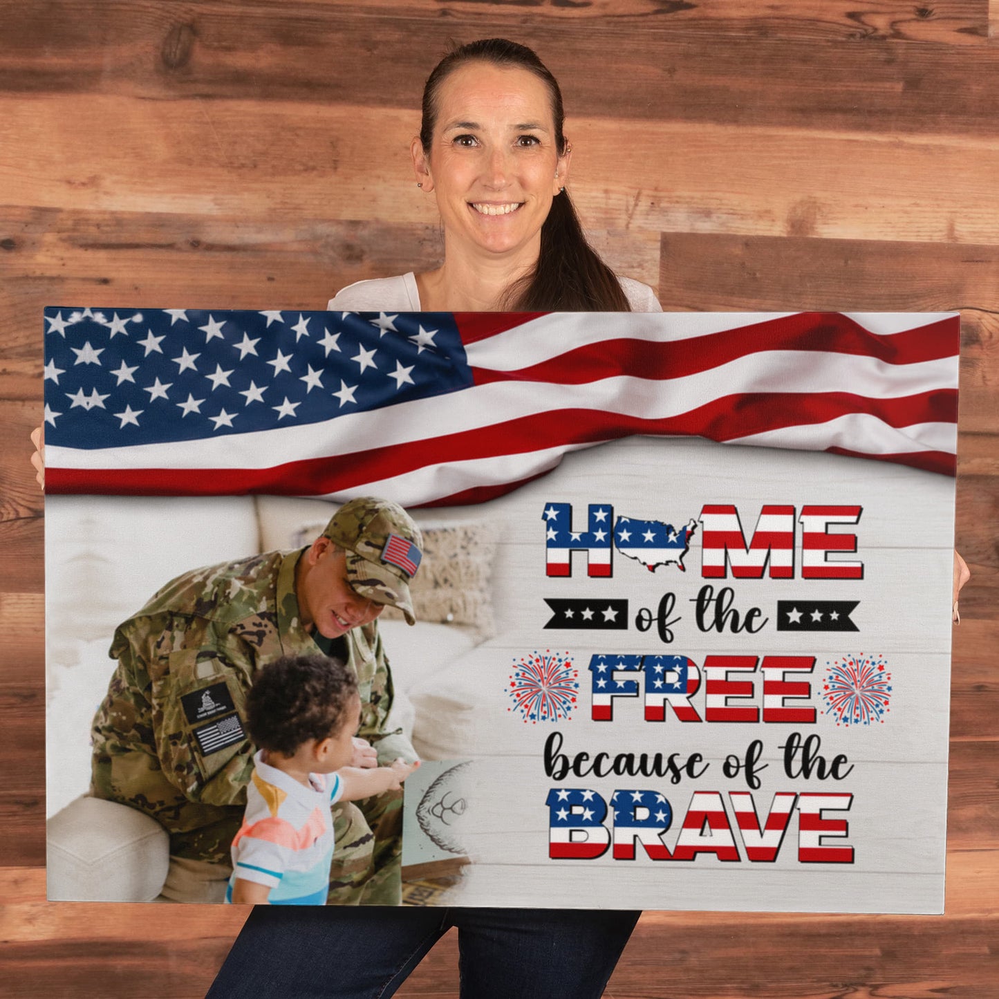 Personalized Patriotic Family Gallery Wrapped Canvas – Custom Home of the Brave Independence Day Wall Art