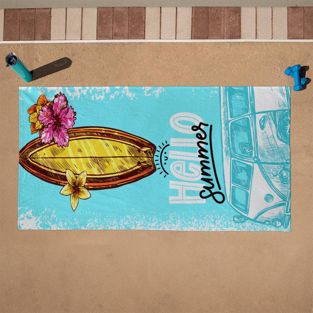 Beach Towel-Hello Summer WV Van and Surfboard - YERTIZZ.COM