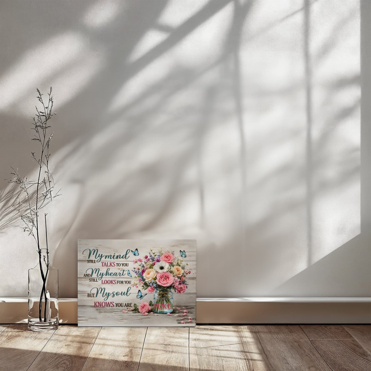 My Mind Still Talks to You Canvas Wall Art – Sympathy Memorial Gift with Flowers and Butterfly