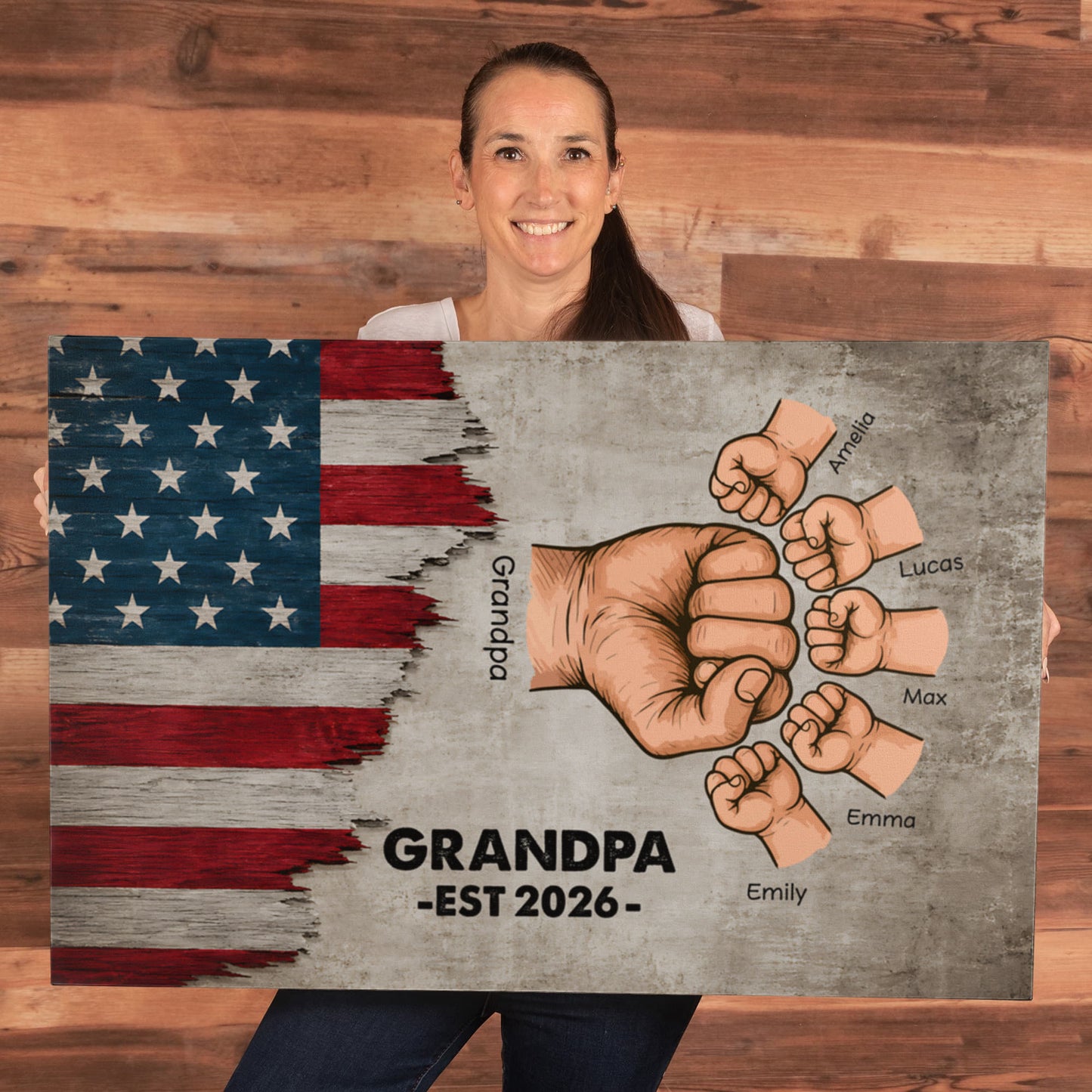 Personalized Grandpa Fist Bump Canvas – Custom Grandkids Names Patriotic Family Wall Art for Grandpa