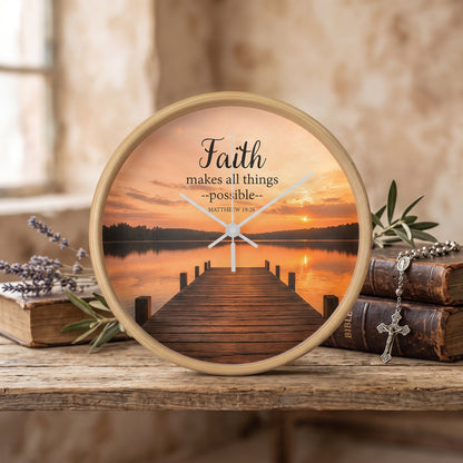 Faith Makes All Things Possible Wall Clock – Matthew 19:26 Christian Wall Clock | Inspirational Lake Sunset Faith Home Decor