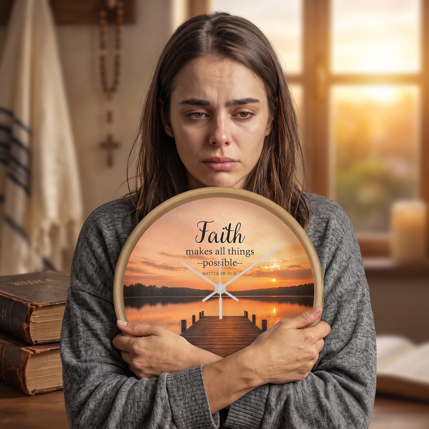 Faith Makes All Things Possible Wall Clock – Matthew 19:26 Christian Wall Clock | Inspirational Lake Sunset Faith Home Decor