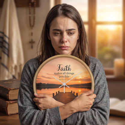 Faith Makes All Things Possible Wall Clock – Matthew 19:26 Christian Wall Clock | Inspirational Lake Sunset Faith Home Decor