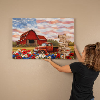 Personalized Patriotic Grandpa Canvas – Custom Grandkids Names Farmhouse American Flag Wall Art