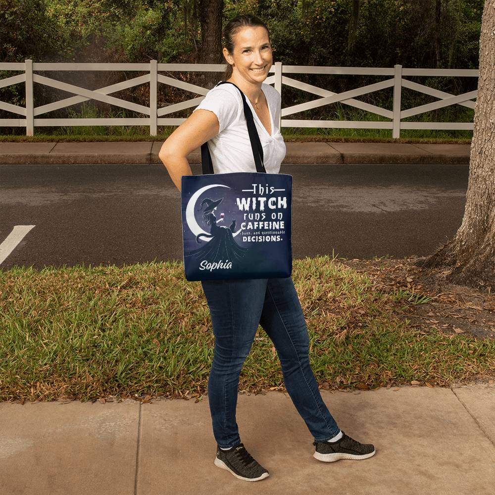 Custom Witch Tote Bag – “This Witch Runs on Caffeine, Chaos & Questionable Decisions !