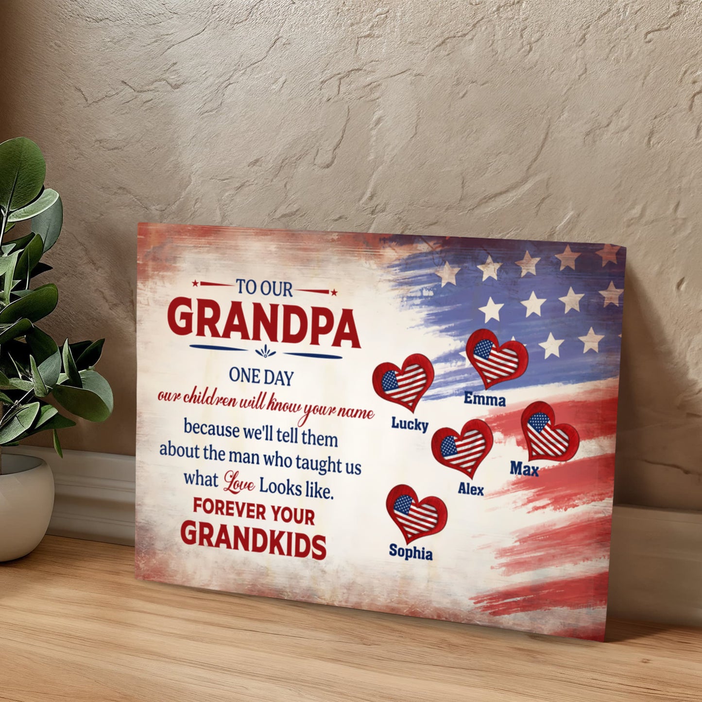 Personalized To Our Grandpa Canvas – Custom Grandkids Names Patriotic Family Wall Art