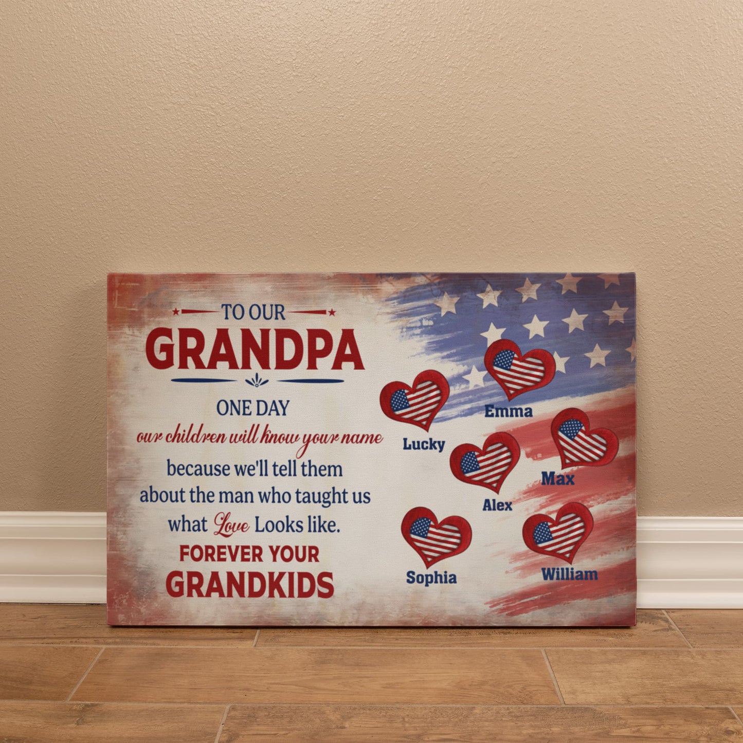 Personalized To Our Grandpa Canvas – Custom Grandkids Names Patriotic Family Wall Art