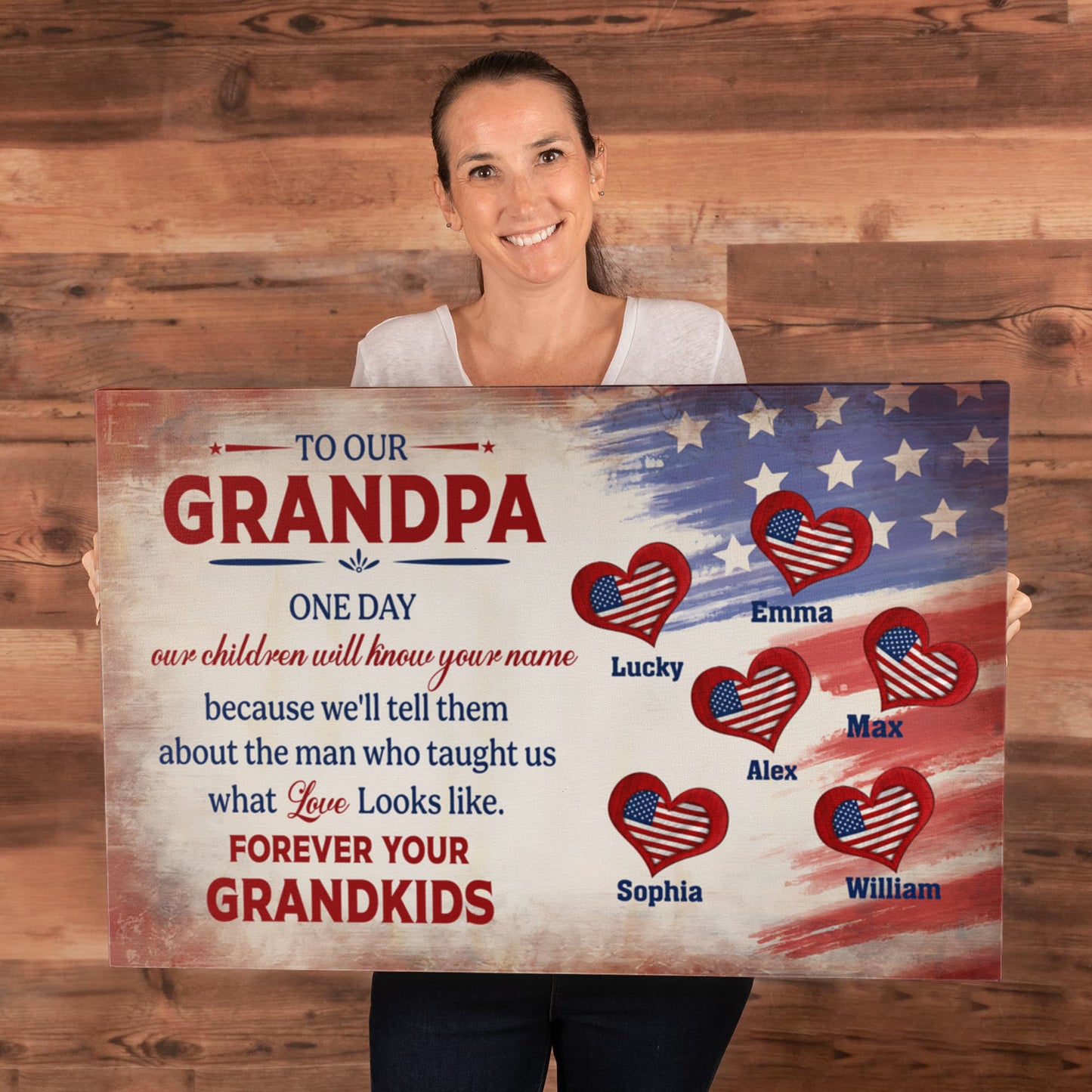 Personalized To Our Grandpa Canvas – Custom Grandkids Names Patriotic Family Wall Art