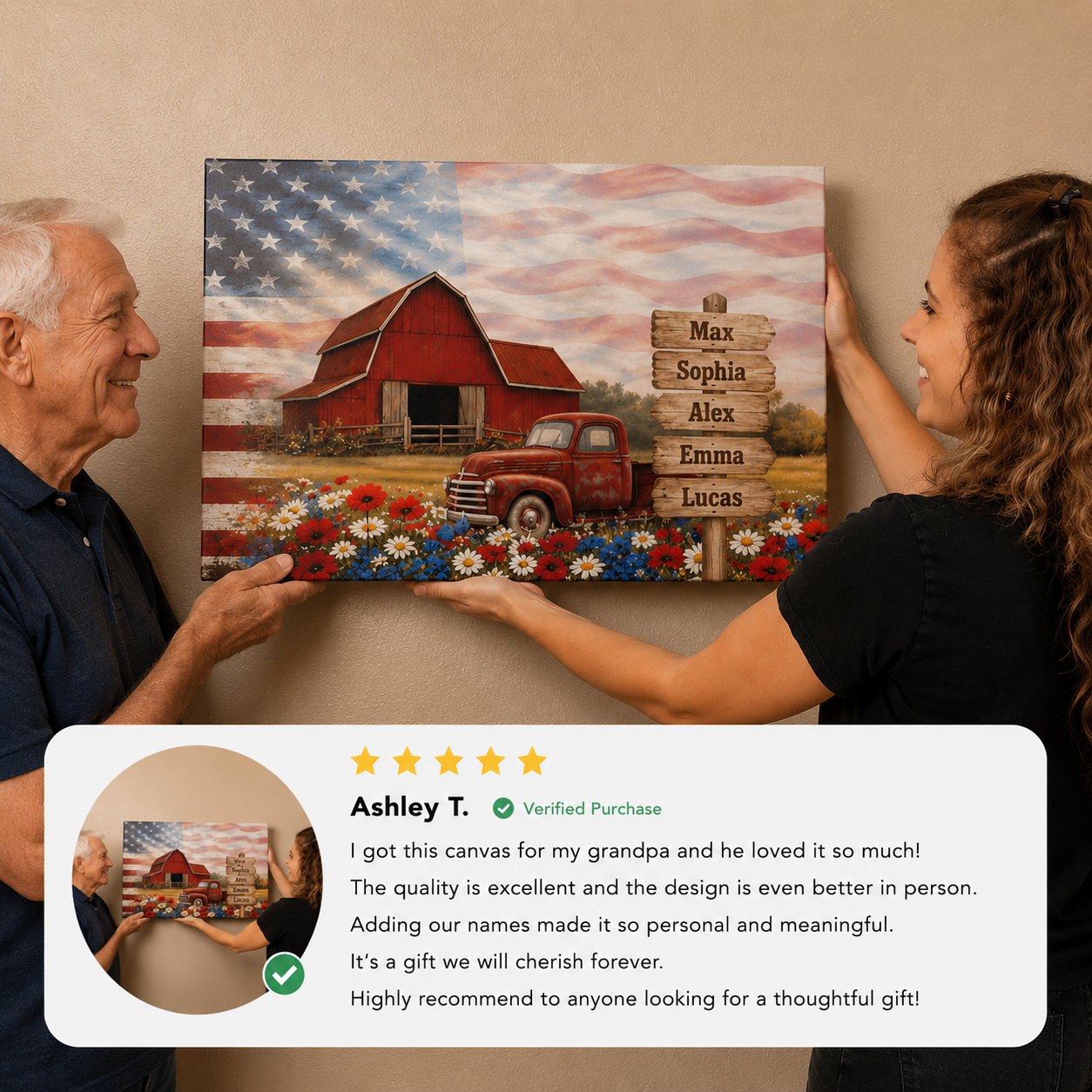 Personalized Patriotic Grandpa Canvas – Custom Grandkids Names Farmhouse American Flag Wall Art
