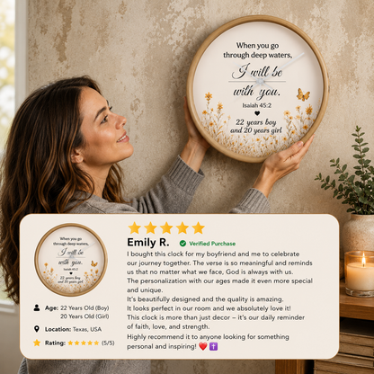 Isaiah 43:2 Christian Wall Clock – When You Go Through Deep Waters I Will Be With You | Inspirational Bible Verse Wall Clock | Faith Home Decor