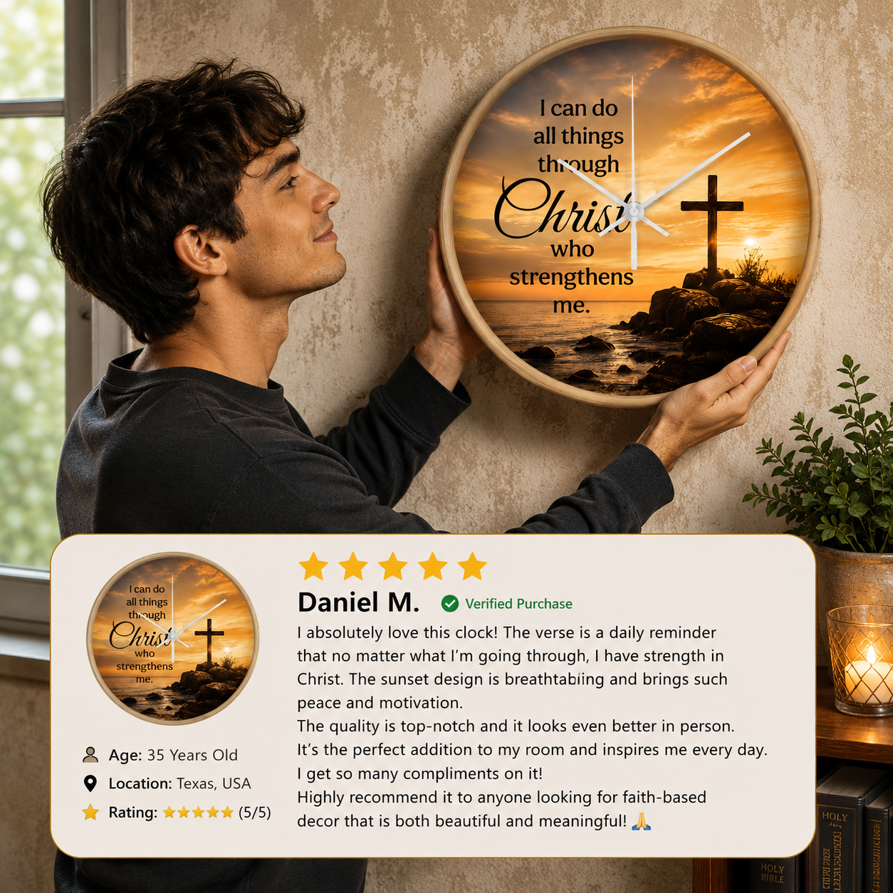 Philippians 4:13 Christian Wall Clock – I Can Do All Things Through Christ | Cross Sunset Bible Verse Wall Clock | Inspirational Faith Home Decor