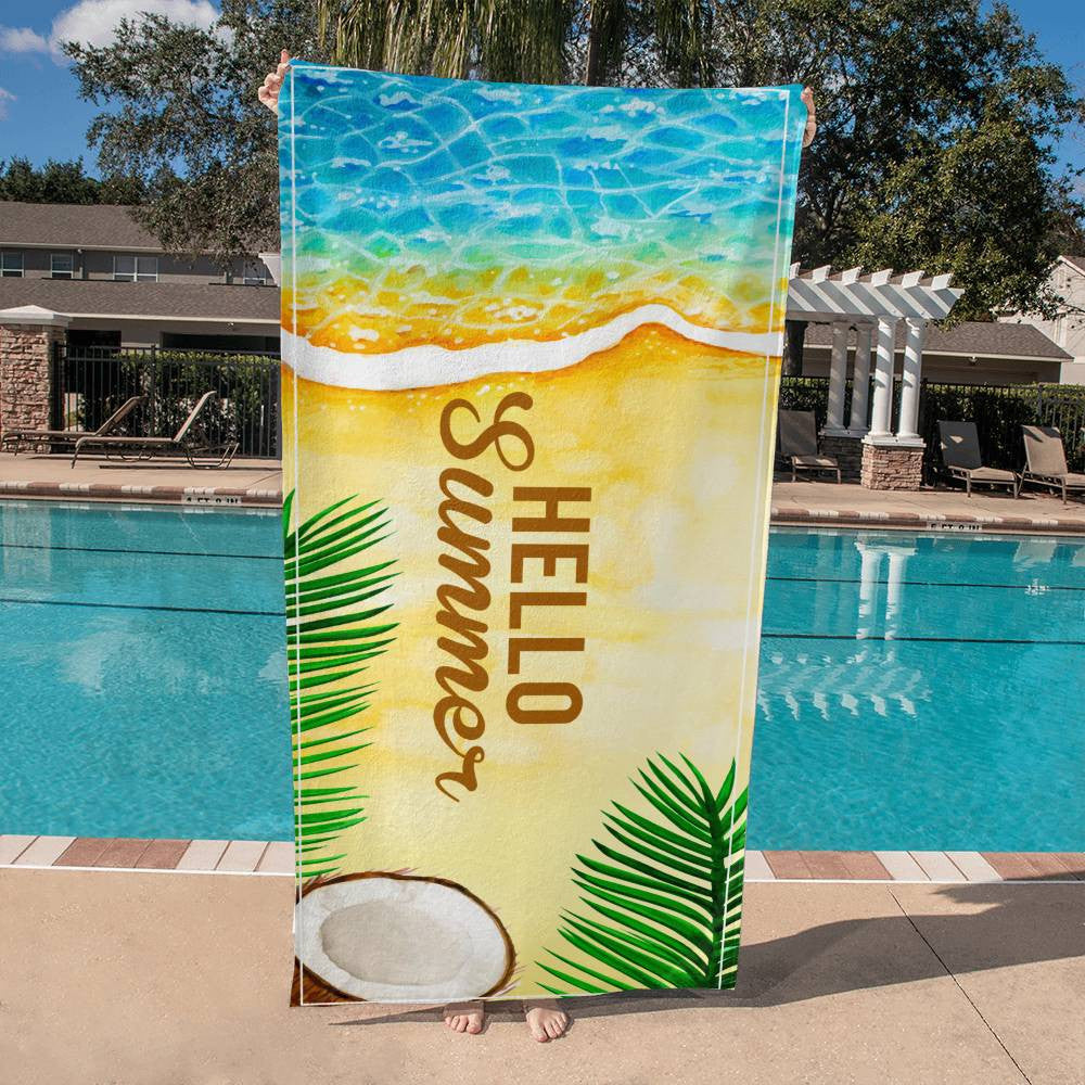 Beach Towel-Hello Summer Beach Palms and Coconut - YERTIZZ.COM