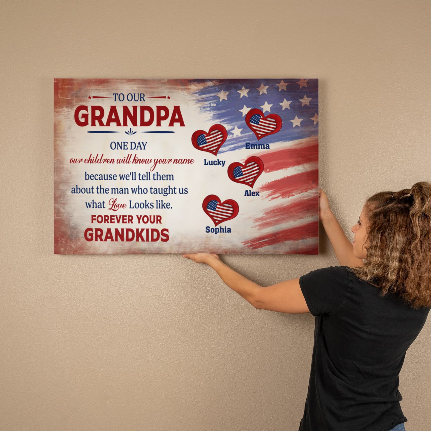 Personalized To Our Grandpa Canvas – Custom Grandkids Names Patriotic Family Wall Art