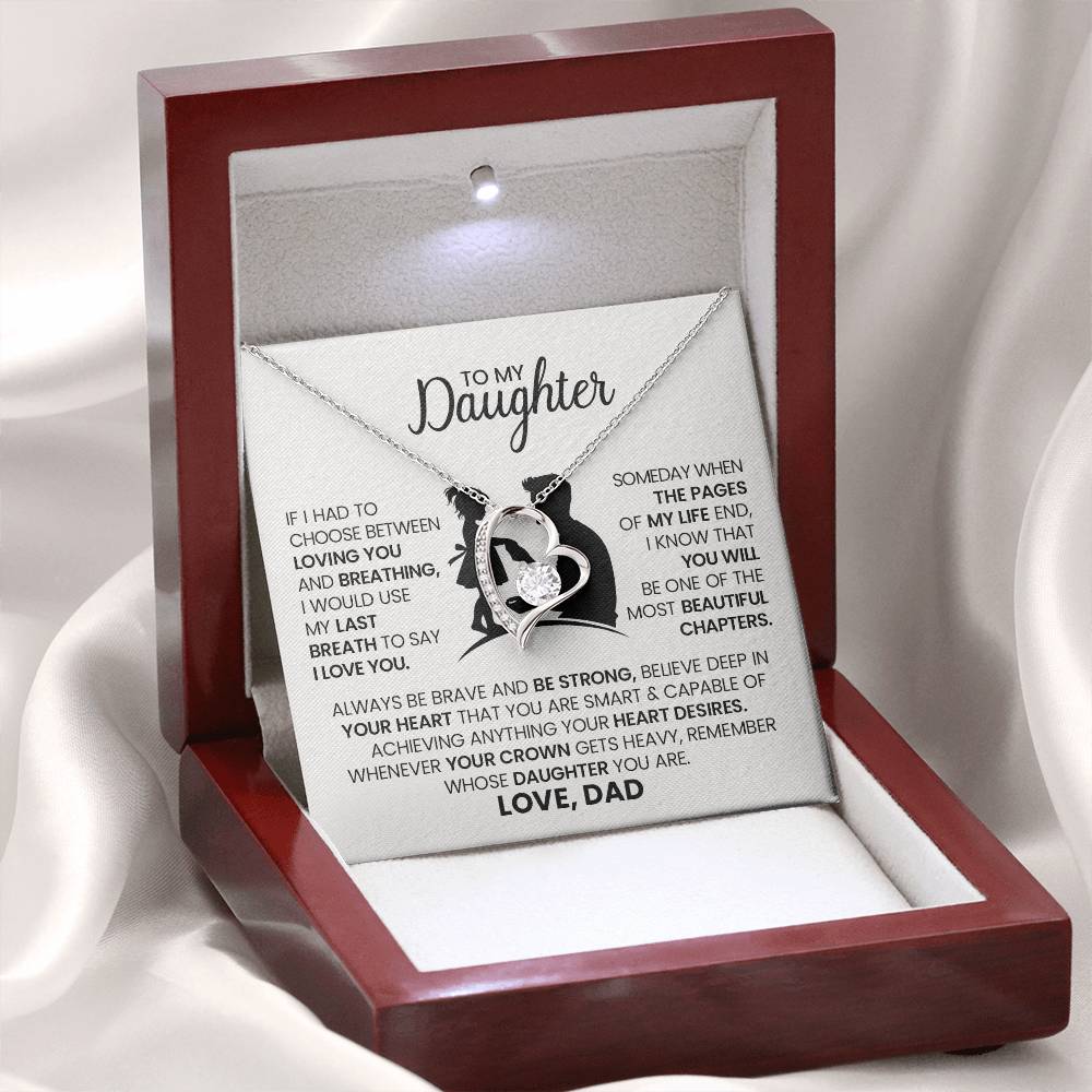 To My Daughter – Forever Love Necklace from Dad, Heart Pendant Jewelry Gift with Inspirational Message, Father Daughter Keepsake