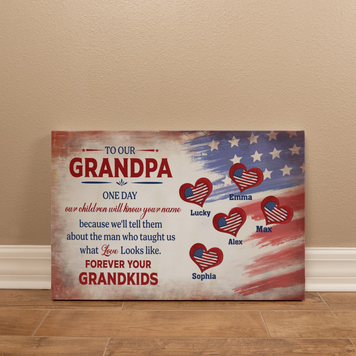 Personalized To Our Grandpa Canvas – Custom Grandkids Names Patriotic Family Wall Art