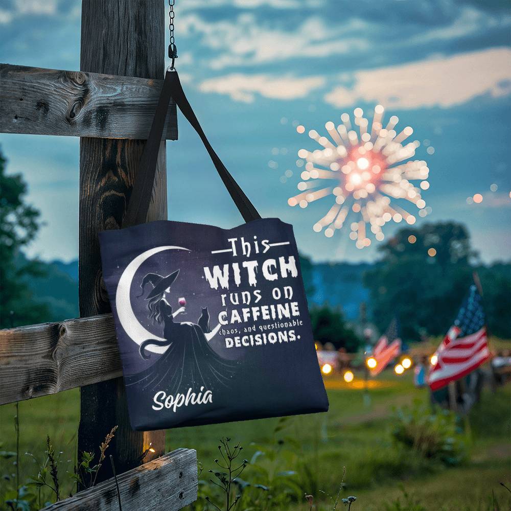 Custom Witch Tote Bag – “This Witch Runs on Caffeine, Chaos & Questionable Decisions !