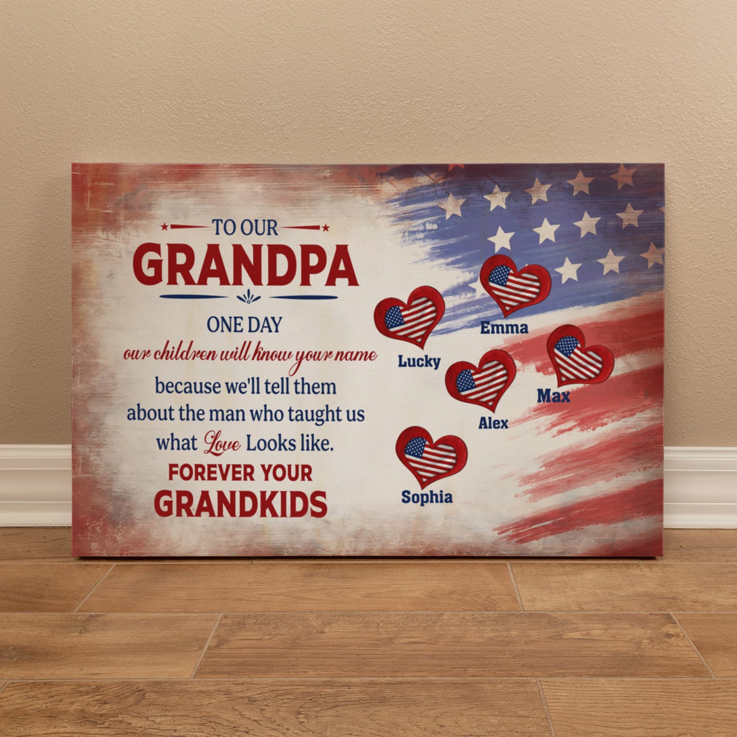 Personalized To Our Grandpa Canvas – Custom Grandkids Names Patriotic Family Wall Art