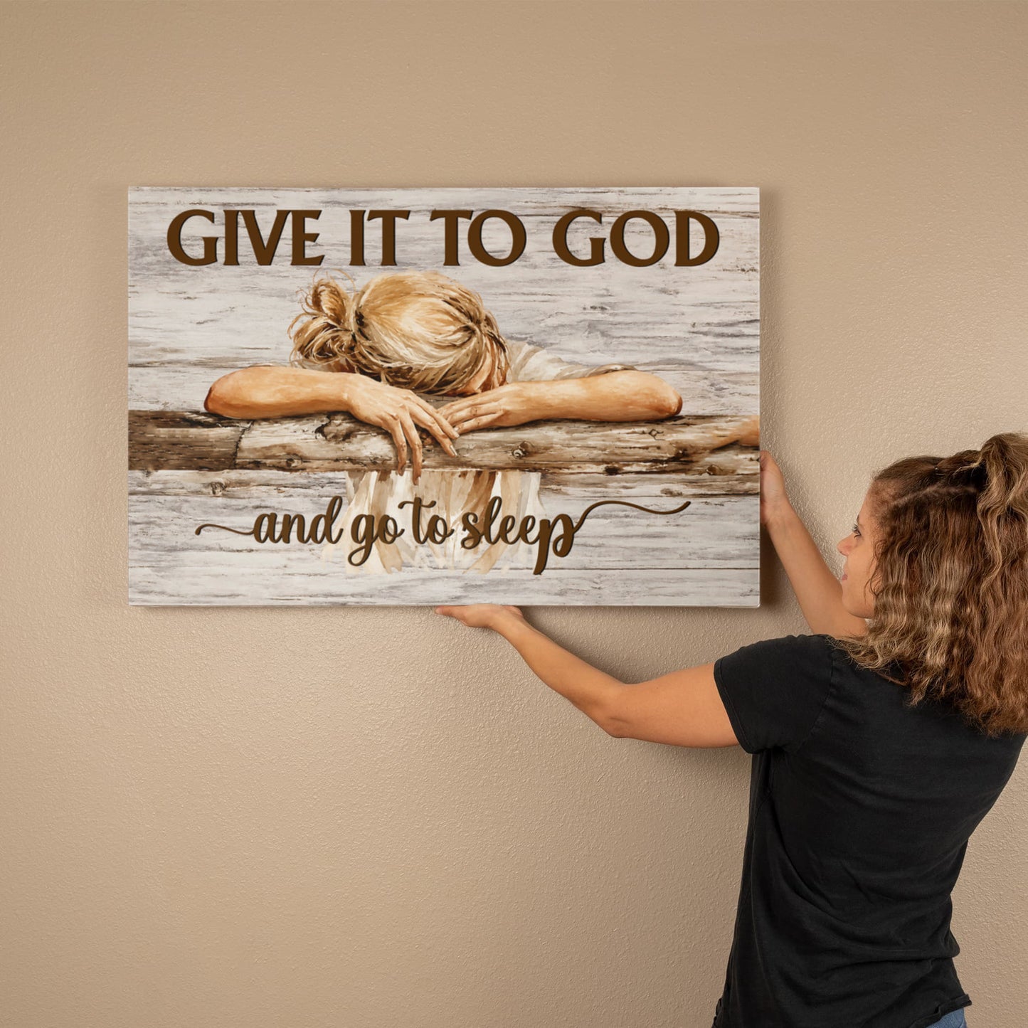 Give It to God and Go to Sleep Canvas Wall Art – Christian Faith Inspirational Farmhouse Decor