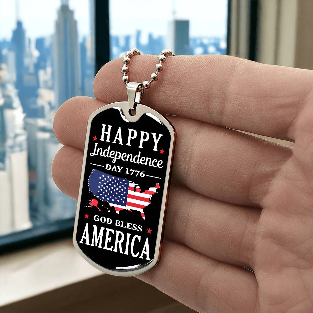Happy Independence Day 1776 God Bless America Dog Tag Necklace with Engraving